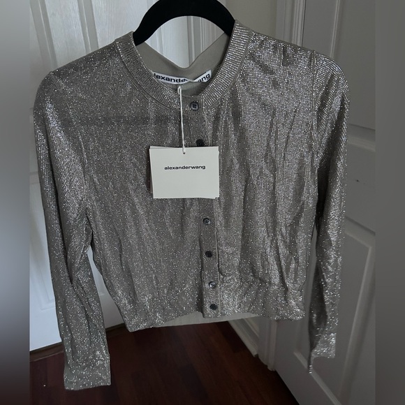 NWT Alexander Wang Hotfix Embellishments Cropped Crewneck Cardigan L Champagne - Picture 9 of 17